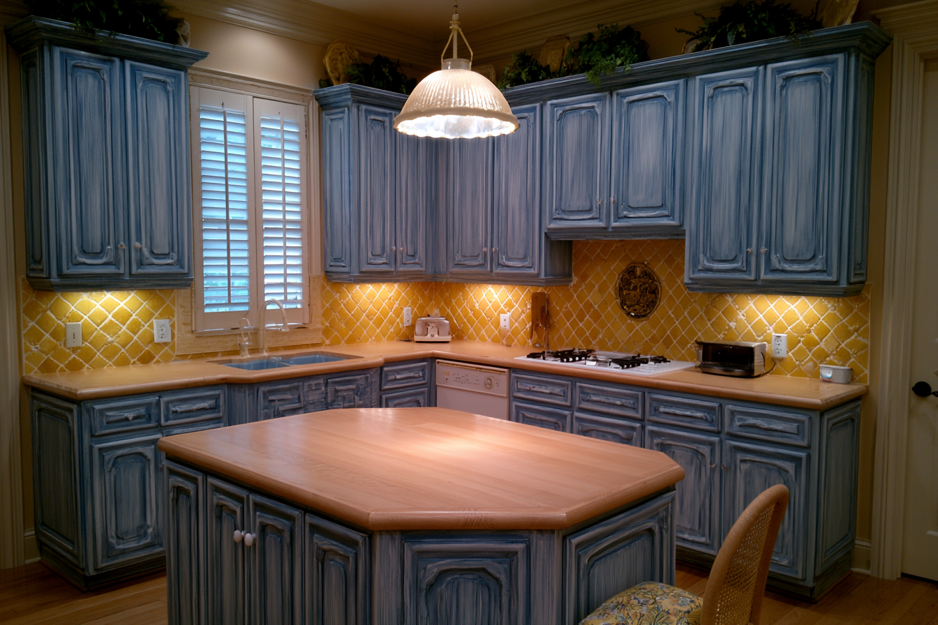 Kitchen cabinets after refinishing in a deep blue